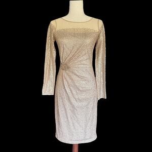 VTG David Meister Sequin Long Sleeve Sheath Cocktail Dress Sz 2 Champagne formal